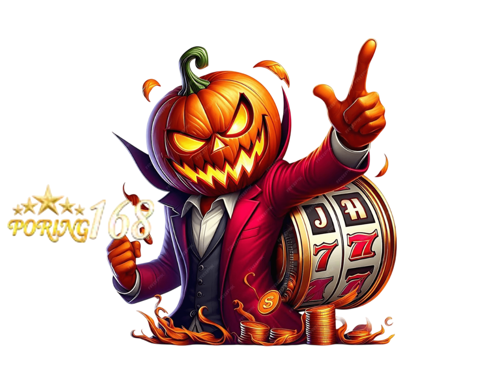 การ์ตูนฟักทองหัวแจ็คถือเหรียญทอง ยืนข้างตู้สล็อต พร้อมท่าชูนิ้วโป้ง